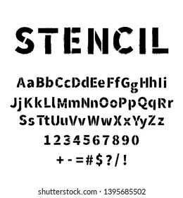 Realistic stencil font with dirty spray paint texture isolated on white