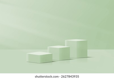 Realistic steps green 3d cube podium pedestal in lighting room shining on pedestal elegant. Minimal wall scene for product display presentation. Vector geometric platform. Stage for showcase.