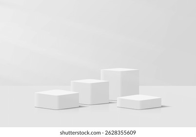 Realistische Schritte weißen 3D-Würfel Podium Podest in der Beleuchtung Raum leuchtet auf Podest elegant. Minimale Wandszene für Produktpräsentation. Geometrische Vektorplattform. Bühne für Showcase.