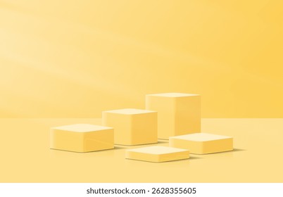 Realistic steps yellow 3d cube podium pedestal in lighting room shining on pedestal elegant. Minimal wall scene for product display presentation. Vector geometric platform. Stage for showcase.