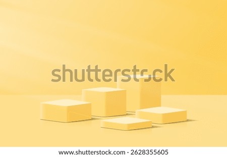 Realistic steps yellow 3d cube podium pedestal in lighting room shining on pedestal elegant. Minimal wall scene for product display presentation. Vector geometric platform. Stage for showcase.
