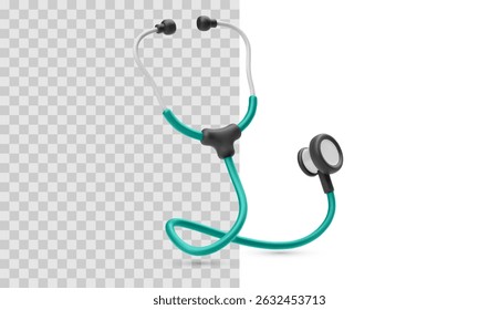Realistic Stethoscope With Black And Green Tubing On Transparent And White Background. Modern Medical Equipment In Clean 3D Style For Healthcare, Diagnosis Or Doctor Themes. Vector Illustration.