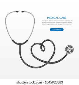 Realistic stethoscope and heart isolated on white background, medical care concept, vector illustration