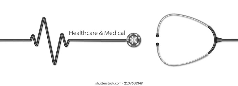 Realistic stethoscope white background, healthcare concept, vector illustration