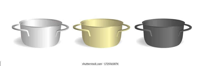 Realistische Stewpan in drei Farben, Silber, Gold und Schwarz. Pans isoliert auf einem hellen Hintergrund. Realistische Vektorzeichnung im EPS 10 Format.