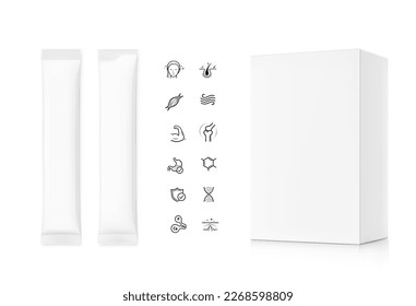 Realistic stick bar mockups with cardboard box for products. Vector illustration isolated on white background. Possibility use for granulated, jelly, powder or liquid products. EPS10.