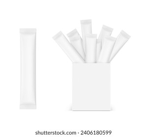 Realistic stick mockup with cardboard box for products isolated on white background. Great for your jelly, granulated, powder or liquid products. Vector illustration. EPS10.