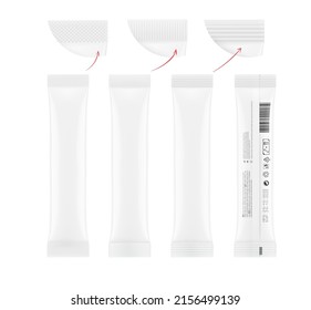 Realistic stick pack with different seams mockup. For products of the food and cosmetic industry on white background. Possibility use for granulated, powder and liquid products. EPS10.