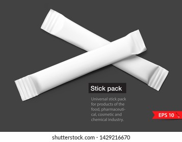 Realistic stick pack for products of the food and cosmetic industry on black background. Possibility use for granulated, powder products. Coffee, 3 in 1, sugar, Vector illustration. EPS10