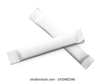 Realistic stick pack for products of the food and cosmetic industry on black background. Possibility use for granulated, powder products. Coffee, 3 in 1, sugar, Vector illustration. EPS10