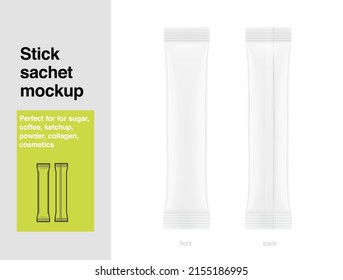 Realistic stick pack sachet mockup for food, cosmetic, pharmacy and other industry. Vector illustration on white background.Possibility use for granulated, powder and liquid products. EPS10.