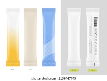 Modelación de sobres de palo realista para comida, cosmética, farmacia y otras industrias. Ilustración vectorial sobre fondo blanco. Posibilidad de uso para granulado, polvo y productos líquidos. EPS10.	