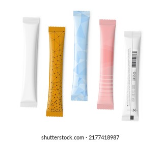 Realistic stick pack sachet mockup for food, cosmetic, pharmacy and other industry. Vector illustration on white background. Possibility use for granulated, powder and liquid products. EPS10.	