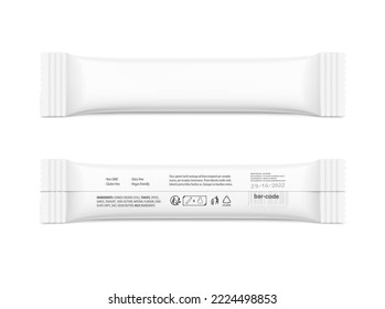 Realistic stick pack sachet mockup for food, cosmetic, pharmacy and other industry. Vector illustration on white background. Possibility use for granulated, powder and liquid products. EPS10.	