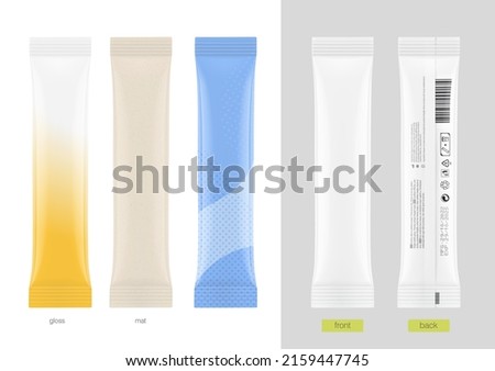 Realistic stick pack sachet mockup for food, cosmetic, pharmacy and other industry. Vector illustration on white background. Possibility use for granulated, powder and liquid products. EPS10.	