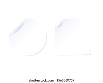 Realistic stickers. Circle and square white stickers with a folded edges