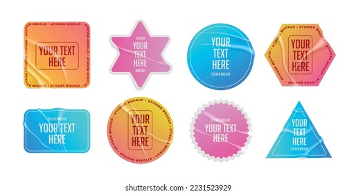 Realistic stickers and labels design set with isolated compositions of editable text frames and gradient backgrounds vector illustration