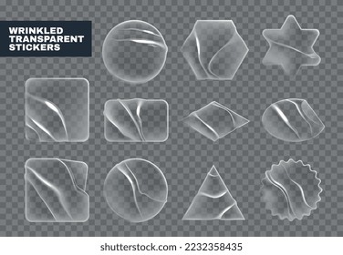 Realistic stickers labels transparent set with isolated glass frames with wrinkles and matte gradient surface structure vector illustration