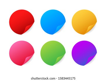 Realistic stickers. Round multicolored stickers with folded edges. Vector stock illustration.