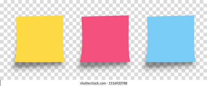 Realistic sticky note set with shadow isolated on transparent background. Reminder. Message on notepaper. Yellow, red, blue color paper.