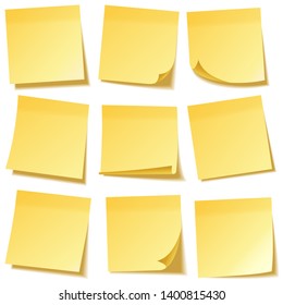 Realistic sticky note with shadow. Yellow paper set. Message on notepaper. Reminder. Vector illustration.