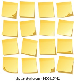 Realistic sticky note with shadow. Yellow paper set. Message on notepaper. Reminder. Vector illustration.