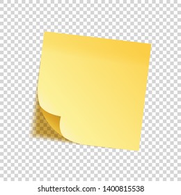 Realistic sticky note with shadow. Yellow paper. Message on notepaper. Reminder. Vector illustration.