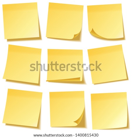 Realistic sticky note with shadow. Yellow paper set. Message on notepaper. Reminder. Vector illustration.