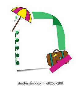 Realistic sticky note with summer holidays stickers. Paper reminder hanging with adhesive and travel labels. Isolated design element