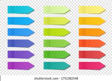Realistic sticky notes collection. Arrow flag tabs. Post note stickers. Colorful sticky paper sheets. Vector illustration.