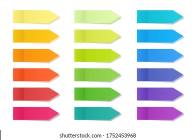 Realistic sticky notes collection. Arrow flag tabs. Post note stickers. Colorful sticky paper sheets. Vector illustration.