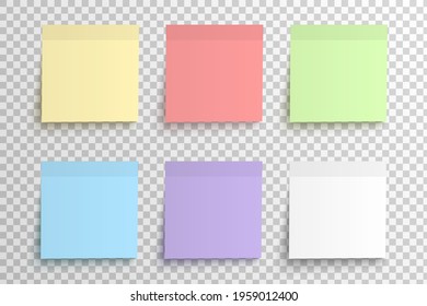 Realistic sticky notes collection, colored sheets of note paper templates on a transparent background