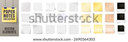 Realistic sticky notes collection. Polaroid frame. Colored paper memo sheets and torn notebook pages with curled corners. Office stationery reminder set on transparent background