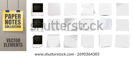 Realistic sticky notes collection. Polaroid frame. Colored paper memo sheets and torn notebook pages with curled corners. Office stationery reminder set on transparent background