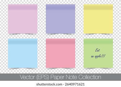 Realistic sticky paper note set with curled bottom edge and shadow isolated on transparent background. Colorful blank paper templates, eazy to edit