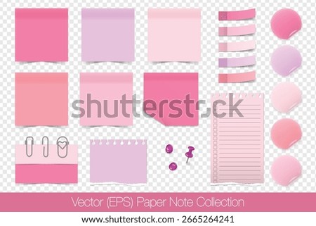 Realistic sticky paper note set, blank templates isolated on transparent background. Aesthetic pink paper mockup, post note stickers, sticky paper tapes, round stickers, paper clips and push pins