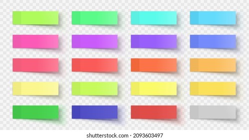 Realistic sticky paper post notes, colored sticker tag. Adhesive memo stripes with shadows. Office tape bookmark for documents vector set. Illustration of post sticky notes, sticker memo