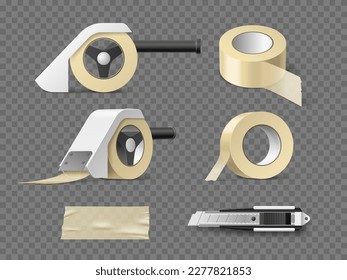 Realistic sticky tape with holder. Yellow self adhesive paper mounting tapes different angles view, various devices, mockup knife, roll fastener, 3d delivery packaging, utter vector set