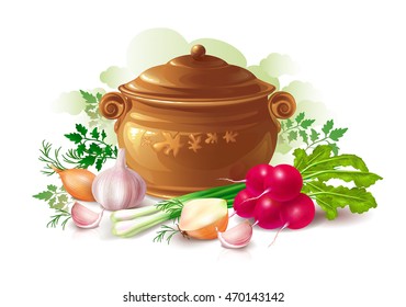 Realistic still life with brown ceramic pot and vegetables and herbs around it (radish, onion, garlic and fresh herbs). Vector illustration.