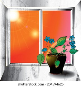 Realistic still life with flower pot on wooden window.