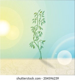 Realistic still life with hand drawn tree growing from the ground, blue sky and glowing sun.