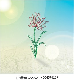 Realistic still life with hand drawn flower growing from the ground, blue sky and glowing sun.