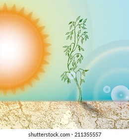 Realistic still life with hand drawn flower growing from the ground, blue sky and glowing sun.
