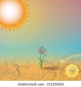 Realistic still life with hand drawn flower growing from the ground against glowing sun.
