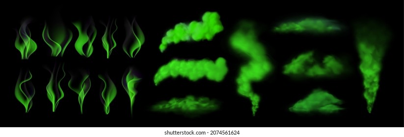 Realistic Stinky Smell Cloud, Green Magic Smoke. Fart Trail, Toxic Steam Or Odor. Disgusting Gas And Breath. Poor Hygiene With Rotten Trace In Different Forms Isolated. Bad Aroma Vector Set