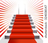 Realistic stone ladder with red carpet  and open door. Luxury style vector illustration. Staircase and enter concept. Lighting effect. Award invitation.