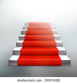 Realistic stone ladder with red carpet. Luxury style vector illustration. Staircase concept. Lighting effect.