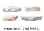 Realistic stone podiums. Concrete platform or nature rough rock isolated podium for product display presentation, beautiful rocky slabs stones pedestal, exact vector illustration authors graphics