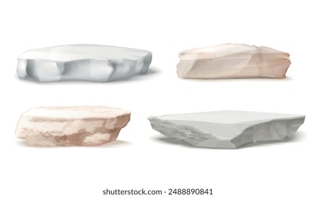 Realistic stone podiums. Concrete platform or nature rough rock isolated podium for product display presentation, beautiful rocky slabs stones pedestal, exact vector illustration authors graphics