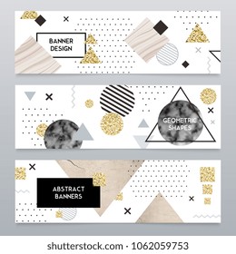 Realistic stone texture in modern interior design 3 horizontal abstract banners with geometric elements isolated vector illustration   
